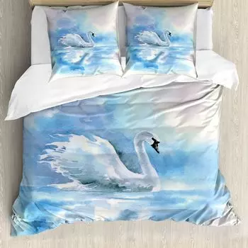 ABAKUHAUS Пододеяльник Swan, Swan in Hazy River Art, защита от клещей, подходит для аллергиков с наволочками, 155 см x 220 см - 80 x 80 см, сине-белый