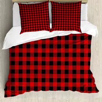 ABAKUHAUS Пододеяльник в клетку, Retro Lumberjack Buffalo, защита от клещей, подходит для аллергиков с наволочками, 155 см x 220 см - 80 x 80 см, оранжево-черный