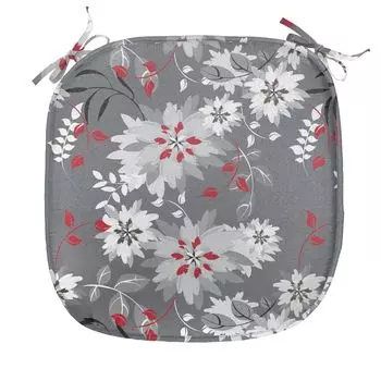 ABAKUHAUS Подушка для обеденного стула Flower, Blooming Spring Natural, декоративная водонепроницаемая подушка с ремнями для кухонных сидений, 40 см x 40 см, бледно-серый, киноварно-серый, черный