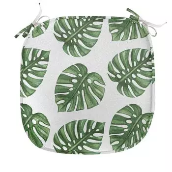 ABAKUHAUS Подушка для обеденного стула Green Leaf, натуральные пальмовые листья, декоративная водонепроницаемая подушка с ремнями для кухонных сидений, 40 см x 40 см, зеленый белый