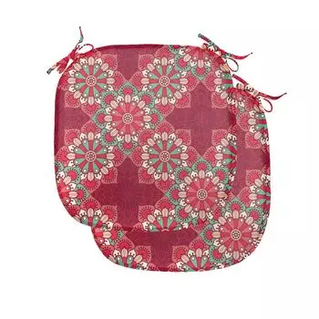 ABAKUHAUS Подушка для обеденного стула Mandala, круглый народный орнамент, декоративная водонепроницаемая подушка с ремнями для кухонных сидений, 40 см x 40 см — упаковка из 2 шт., Розовый персик из морской пены