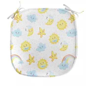 ABAKUHAUS Подушка для обеденного стула Moon, Happy Moons Stars Clouds, декоративная водонепроницаемая подушка с ремнями для кухонных сидений, 40 см x 40 см, нежно-голубой желтый розовый, белый