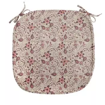 ABAKUHAUS Подушка для обеденного стула с цветочным принтом, Blooming Spring Retro, декоративная водонепроницаемая подушка с ремнями для кухонных сидений, 40 см x 40 см, Кораллово-бордовый, серебро