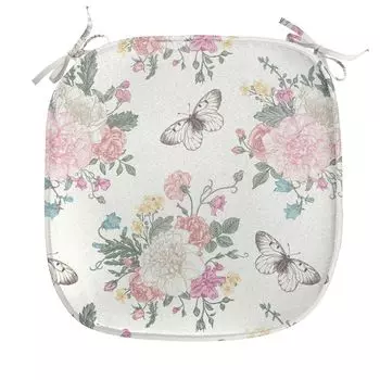 ABAKUHAUS Подушка для обеденного стула Shabby Flora, букет роз, декоративная водонепроницаемая подушка с ремнями для кухонных сидений, 40 см x 40 см, бледно-розовый зеленый, белый