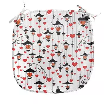ABAKUHAUS Подушка для обеденного стула Valentines, сложные сердечки, декоративная водонепроницаемая подушка с ремнями для кухонных сидений, 40 см x 40 см, оранжево-красный черный, белый