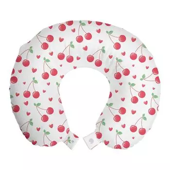 ABAKUHAUS Подушка для путешествий Cherry, поддержка шеи, летние фрукты и сердце, пенопластовые дорожные принадлежности для самолета и автомобиля, 30x30 см, кораллово-зеленый
