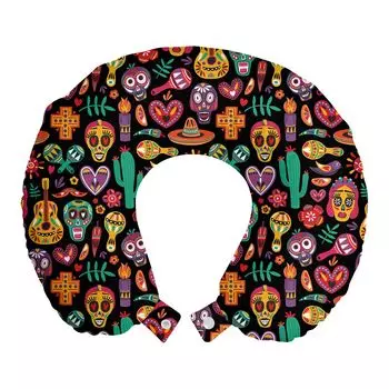ABAKUHAUS Подушка для путешествий «День мертвых», поддержка шеи, Skull Flowers Pepper, Пенопластовые дорожные принадлежности для самолета и автомобиля, 30x30 см, Многоцветный цвет кока-колы