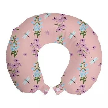 ABAKUHAUS Подушка для путешествий Dragonfly Travel Pillow, Campanula and Echninacea, пенопластовые дорожные принадлежности для самолетов и автомобилей, 30x30 см, румянец нежно-голубовато-лиловый