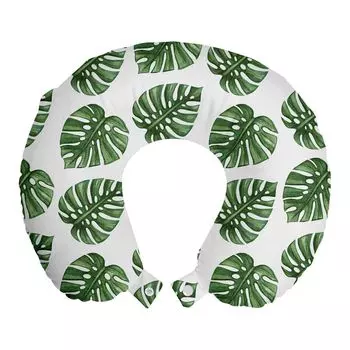 ABAKUHAUS Подушка для путешествий Green Leaf, поддержка шеи, натуральные пальмовые листья, пенопластовые дорожные принадлежности для самолета и автомобиля, 30x30 см, зеленый белый