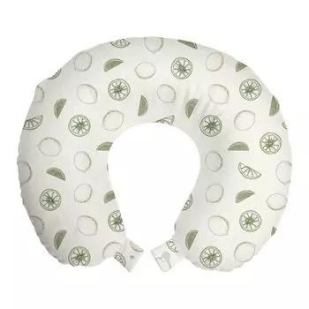 ABAKUHAUS Подушка для путешествий Lemon Travel Pillow, монохромный цитрусовый эскиз, пенопластовые дорожные принадлежности для самолета и автомобиля, 30x30 см, бледно-оливково-зеленый, белый