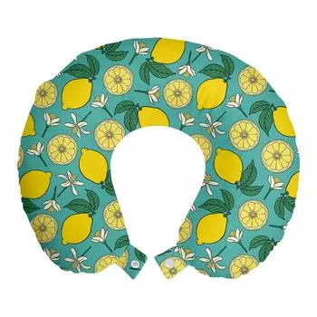 ABAKUHAUS Подушка для путешествий Lemon Travel Pillow, Rhythmic Citrus Flowers, Пенопластовые дорожные принадлежности для самолета и автомобиля, 30x30 см, Желтый Нефритовый Зеленый