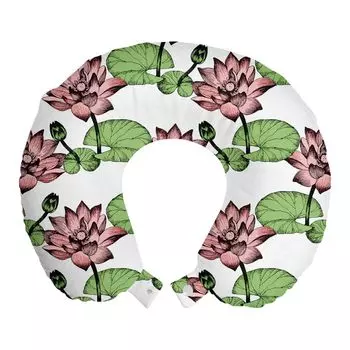 ABAKUHAUS Подушка для путешествий Lotus Travel Pillow, Asian Water Flowers Art, Пенопластовые дорожные принадлежности для самолета и автомобиля, 30x30 см, Белая роза и зеленый