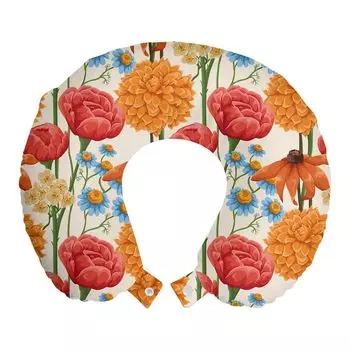 ABAKUHAUS Подушка для путешествий Meadow, поддержка шеи, цветы мака Aster Daisy, пенопластовый дорожный предмет для самолета и автомобиля, 30x30 см, цвет шампанского и разноцветный