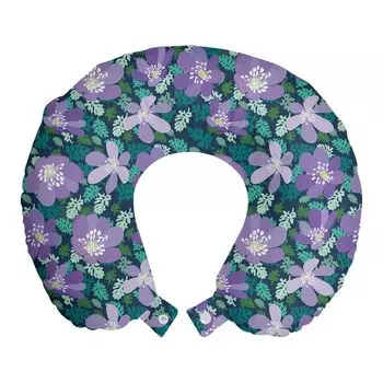 ABAKUHAUS Подушка для путешествий Meadow, поддержка шеи, Natural Blooming Spring, пенопластовые дорожные принадлежности для самолета и автомобиля, 30x30 см, лавандовый и лесной зеленый