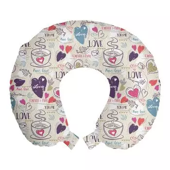 ABAKUHAUS Подушка для путешествий на День святого Валентина, поддержка шеи, романтическая чашка кофе, пенопластовые дорожные принадлежности для самолета и автомобиля, 30x30 см, баклажановый и разноцветный