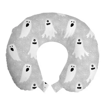 ABAKUHAUS Подушка для путешествий на Хэллоуин, поддержка шеи, Boo Ghost and Spider Web, пенопластовый дорожный предмет для самолета и автомобиля, 30x30 см, серый и белый