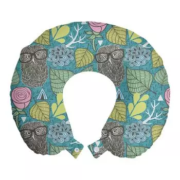 ABAKUHAUS Подушка для путешествий Owl Поддержка шеи, Hipster Animal Wise Bird, Пенопластовые дорожные принадлежности для самолета и автомобиля, 30x30 см, Темный многоцветный морской пенопласт