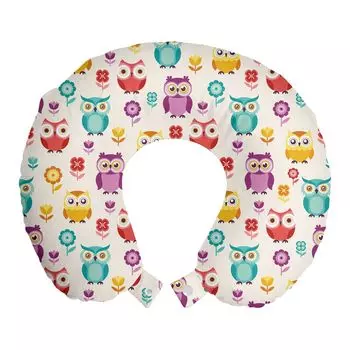 ABAKUHAUS Подушка для путешествий Owls, поддержка шеи, цветы, ностальгические дети, пенопластовые дорожные принадлежности для самолетов и автомобилей, 30x30 см, разноцветные
