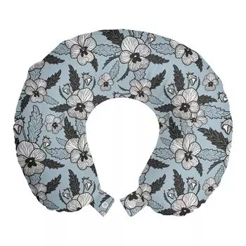 ABAKUHAUS Подушка для путешествий Pansy, поддержка шеи, детальная цветочная графика, пенопластовые дорожные принадлежности для самолета и автомобиля, 30x30 см, синий, серый, светло-серо-коричневый