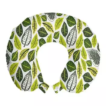 ABAKUHAUS Подушка для путешествий Philodendron, поддержка шеи, яркий тропический лист, пенопластовые дорожные принадлежности для самолета и автомобиля, 30x30 см, белый лаймово-зеленый