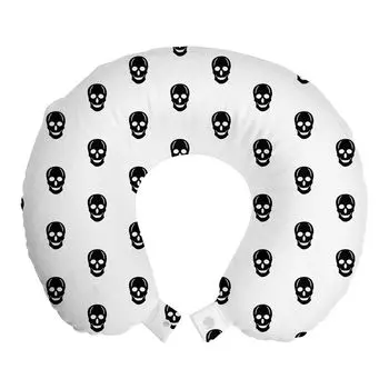 ABAKUHAUS Подушка для путешествий с черепом Подушка для шеи, готический дизайн Smile Skull, предмет из пенопласта для путешествий в самолете и автомобиле, 30x30 см, угольно-серый и белый