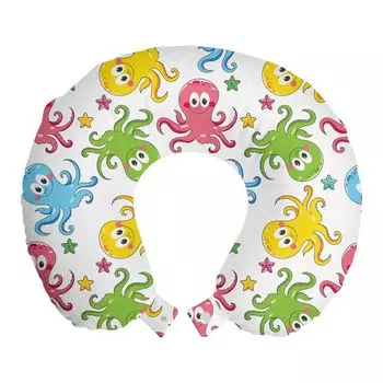 ABAKUHAUS Подушка для путешествий с кальмарами, поддержка шеи, Happy Ocean Animals, пенопластовые дорожные принадлежности для самолета и автомобиля, 30x30 см, разноцветные