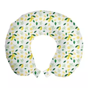 ABAKUHAUS Подушка для путешествий с лимоном, поддержка шеи, ветка Summer Juicy Slices, пенопластовый дорожный предмет для самолета и автомобиля, 30x30 см, желто-зеленый и белый