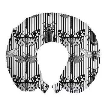 ABAKUHAUS Подушка для путешествий с насекомыми, поддержка шеи, Beetle Butterfly Dragonfly, пенопластовый дорожный предмет для самолета и автомобиля, 30x30 см, угольно-серый и белый