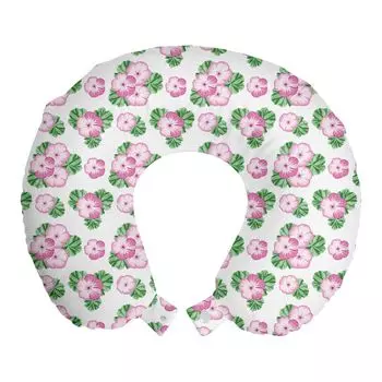 ABAKUHAUS Подушка для путешествий с пеларгонией, поддержка шеи, винтажные повторяющиеся цветы, пенопластовые дорожные принадлежности для самолета и автомобиля, 30x30 см, бело-розовый