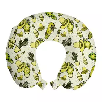 ABAKUHAUS Подушка для путешествий с текилой, поддержка шеи, шляпа сомбреро, бутылка кактуса, пенопластовые дорожные принадлежности для самолета и автомобиля, 30x30 см, желтый, зеленый, желтый