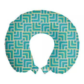 ABAKUHAUS Подушка для путешествий Turquoise, поддержка шеи, квадратные линии в стиле ар-деко, дорожные принадлежности из пенопласта для самолета и автомобиля, 30x30 см, бирюзово-желтый