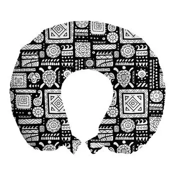 ABAKUHAUS Подушка для путешествий Turtle, поддержка шеи, линии с этническими монотонными мотивами, пенопластовые дорожные принадлежности для самолета и автомобиля, 30x30 см, угольно-серый и белый