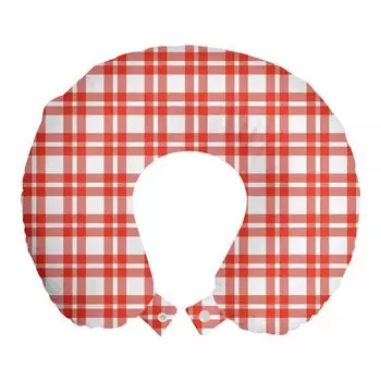 ABAKUHAUS Подушка для путешествий в клетку, поддержка шеи, ретро-современная клетка, пенопластовые дорожные принадлежности для самолетов и автомобилей, 30x30 см, оранжево-белый