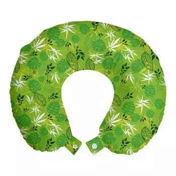 ABAKUHAUS Подушка для путешествий в лесу, поддержка шеи, Jungle Scene Leaves Monstera, пенопластовый дорожный предмет для самолета и автомобиля, 30x30 см, вечнозеленый лайм