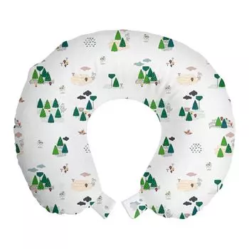 ABAKUHAUS Подушка для путешествий в лесу, поддержка шеи, Doodle Art Woodland Item, пенопластовый дорожный предмет для самолета и автомобиля, 30x30 см, бирюзовый, синий, зеленый
