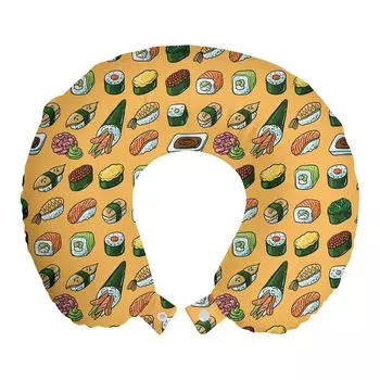 ABAKUHAUS Подушка для путешествий Wasabi, подушка для шеи, каракули с суши, пенопластовые дорожные принадлежности для самолета и автомобиля, 30x30 см, Бледно-оранжевый многоцветный