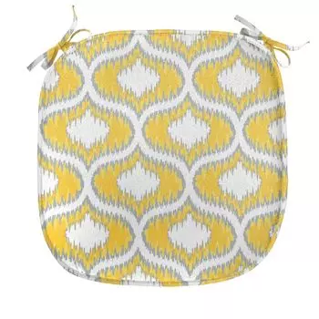 ABAKUHAUS Подушка Ikat для обеденных стульев, желтая, ярких овальных форм, декоративная водонепроницаемая подушка с ремнями для кухонных сидений, 40 см x 40 см, желто-серо-белая