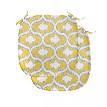 ABAKUHAUS Подушка Ikat для обеденных стульев, желтая, яркие овальные формы, декоративная водонепроницаемая подушка с ремнями для кухонных сидений, 40 см x 40 см — упаковка из 2 шт., желтый, серый, белый