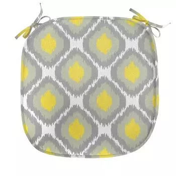 ABAKUHAUS Подушка Ikat для обеденных стульев, комплекты старых форм, декоративная водонепроницаемая подушка с ремнями для кухонных сидений, 40 см x 40 см, белый желтый серый