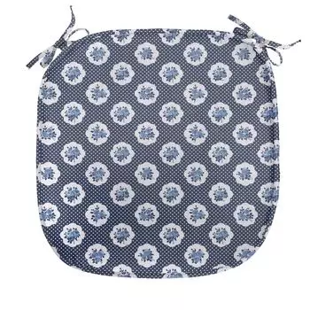 ABAKUHAUS Подушка Shabby Flora для стульев для столовой, мотивы в виде точек и цветов, декоративная водонепроницаемая подушка с ремнями для кухонных сидений, 40 см x 40 см, темно-синий-белый