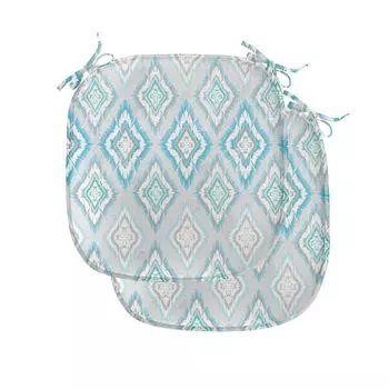 ABAKUHAUS Подушки для обеденного стула Ikat, мотивы ацтекской культуры, декоративная водонепроницаемая подушка с ремнями для кухонных сидений, 40 см x 40 см — упаковка из 2 шт., синий бледно-серый белый