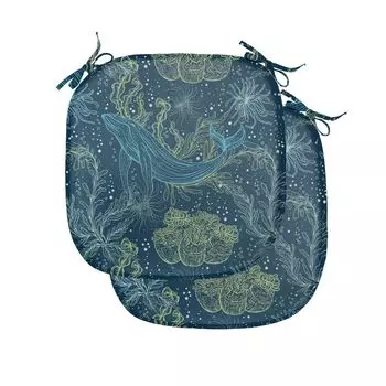 ABAKUHAUS Подушки для обеденного стула «Кит», морская фауна и флора, декоративная водонепроницаемая подушка с ремнями для кухонных сидений, 40 см x 40 см — упаковка из 2 шт., индиго, морской зеленый, синий