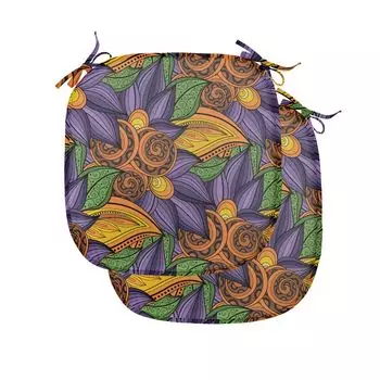ABAKUHAUS Подушки для обеденного стула с цветочным принтом, Tropicana Vibes Botany, декоративная водонепроницаемая подушка с ремнями для кухонных сидений, 40 см x 40 см — упаковка из 2 шт., Фиолетово-фиолетовый бархатец, коричневый
