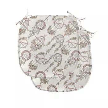 ABAKUHAUS Подушки для обеденного стула с перьями, Native Dreamcatchers, декоративная водонепроницаемая подушка с ремнями для кухонных сидений, 40 см x 40 см — упаковка из 2 шт., бледно-коричнево-бежевый, белый