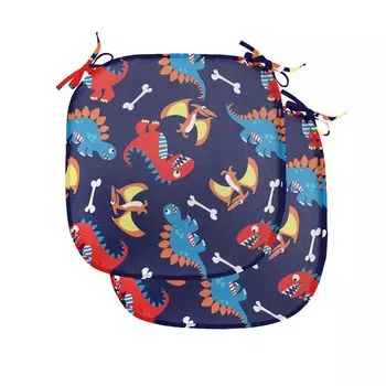 ABAKUHAUS Подушки на обеденный стул с динозаврами, Dino Funny Expressions, декоративная водонепроницаемая подушка с ремнями для кухонных сидений, 40 см x 40 см — упаковка из 2 шт., Оранжевый Синий Красный