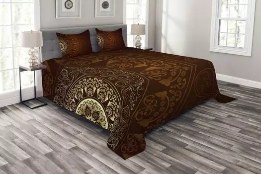 ABAKUHAUS Покрывало Mandala, винтажное, с наволочками, моющееся, для односпальных кроватей, 220 x 220 см, бордовый желтый