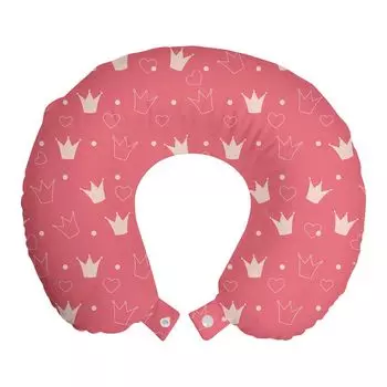 ABAKUHAUS Princess Travel Pillow Подушка для шеи, горошек и сердечки в виде короны, пенопластовые дорожные принадлежности для самолета и автомобиля, 30x30 см, пастельно-розовый цвет шампанского