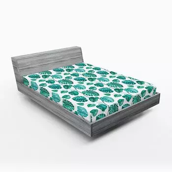 ABAKUHAUS Простыня на подгонке Green Leaf, тропические пальмовые листья, экзотическая гавайская листва, тропический лес, джунгли, 90 x 190 см, морской зеленый, бирюзово-белый
