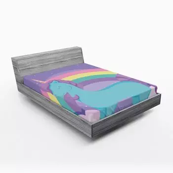 ABAKUHAUS Простыня на подкладке с единорогом, Cute Pony Rainbow Dreamy Color, тема для детской комнаты, 90 x 190 см, Разноцветный лавандово-синий