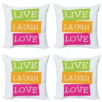 ABAKUHAUS Proverb Комплект чехлов для подушек (4 предмета), Live Laugh Love Vibrant, современная двусторонняя цифровая печать, 60 x 60 см, салатовый, оранжевый, розовый